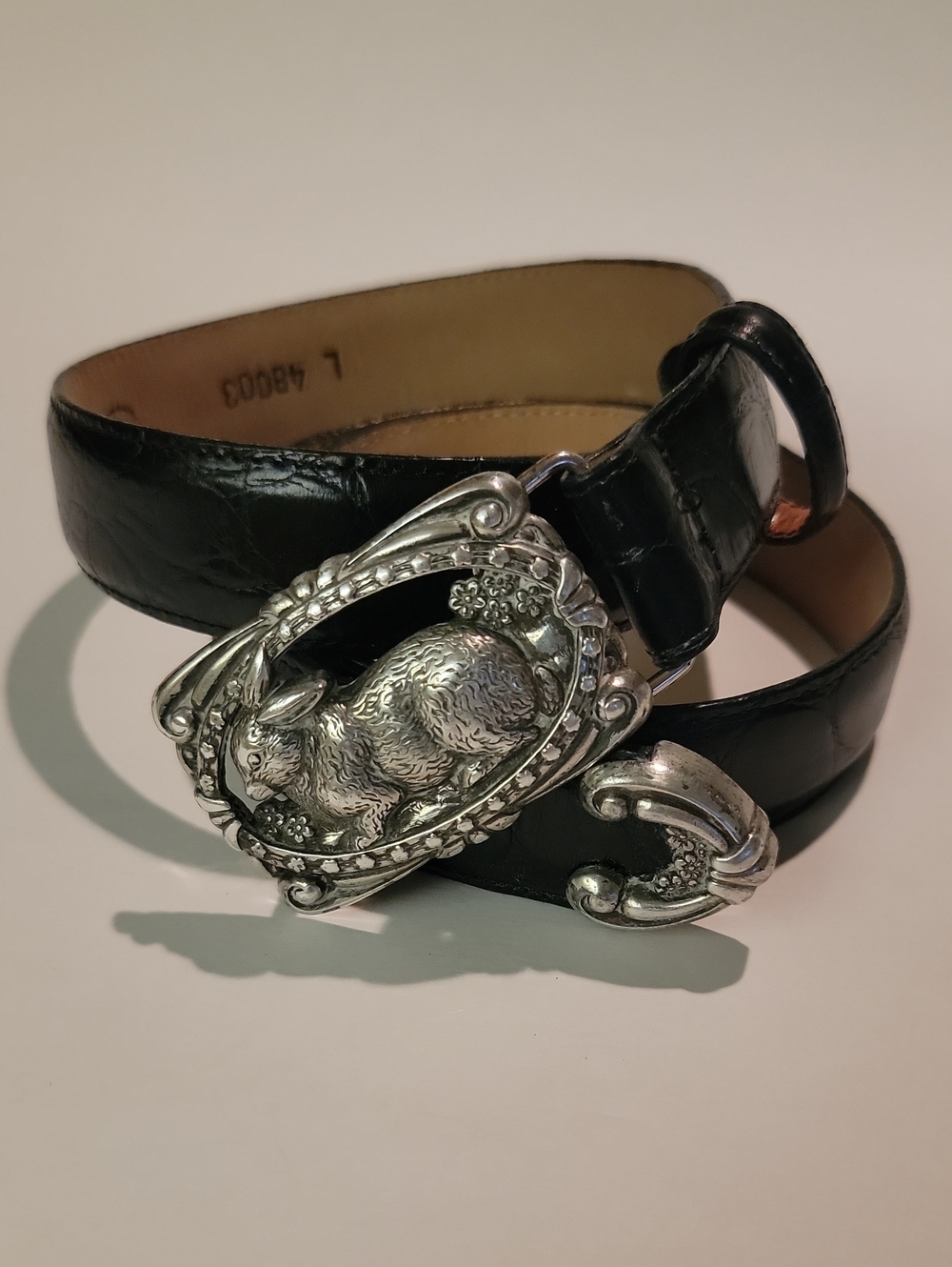 BRIGHTON UNISEX CROCODILE EMBOSSED LEATHER BELT WITH SILVER PLATED RABBIT BUCKLE